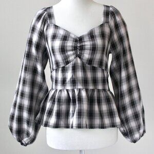 Pleione Black White Gingham Sweetheart Smocked Peplum Crop Top Extra Small